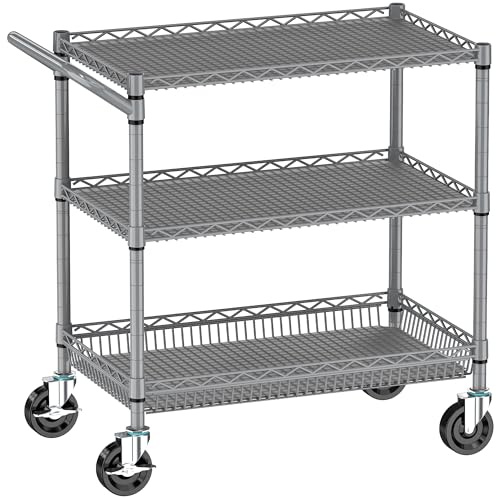 Folews Heavy Duty Rolling Cart with Wheels for Kitchen & Garage, 990LBS 3-Tier Metal Utility Cart, NSF Adjustable Shelves & Basket, Lockable Casters, Commercial Storage Trolley, Gray