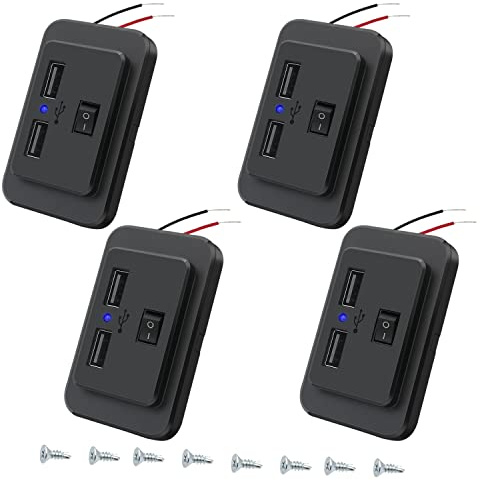 Hoembpn 4PCS 4.8A Dual USB Car Charger Socket with Switch, 12V/24V Adaptor Power USB Fast Charge Socket Panel with LED for Boat SUV Caravan RV Truck Marine