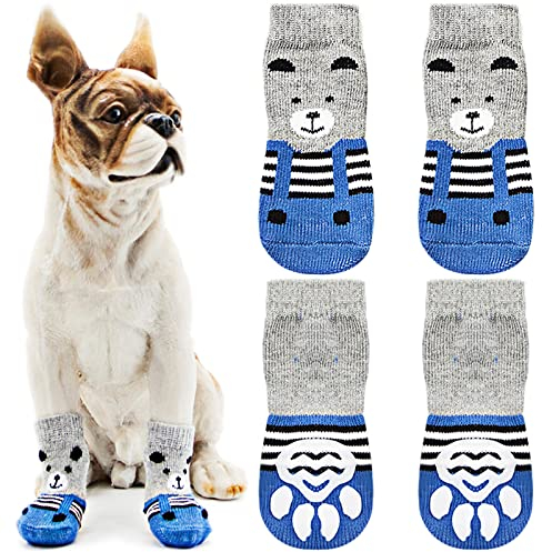 Avaner 4 Stücke Hundesocken mit Bärenmuster rutschfeste Pfotenschutz Socken Hohe Elastizität Hundeschuhe Weiche Socken Indoor Antirutschsocken für kleine Hunde Haustiere