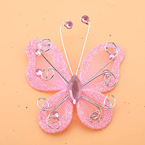MOUMOUTEN Mesh Schmetterling Draht Mesh Glitter Craft Schmetterling für Party Hochzeitskostüm(24 Stück),Mädchen Haarschmuck, Deko Schmetterlinge Zum Kleben für Party Hochzeitskostüm(rosa)