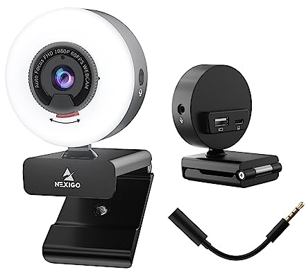NexiGo N960E Pro, Webcam 1080p 60 fps avec lumière, Logiciel Inclus, Mise au Point Automatique Rapide, Ports USB-C et USB-A, Prise Audio de 3,5 mm, pour Zoom, réunions Skype, Twitch