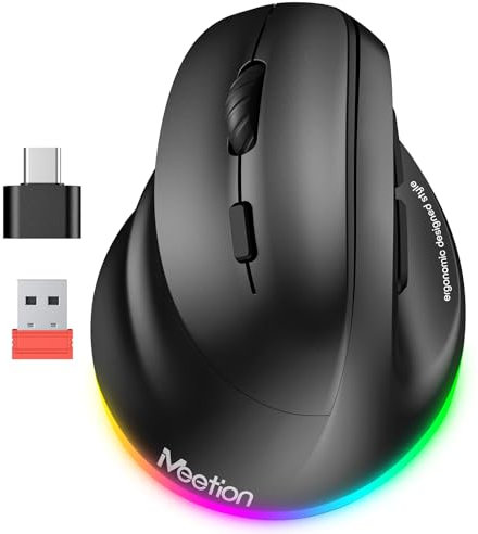 MEETION Left-Handed Ergonomic Wireless RGB Mouse, Bluetooth 5.2 + 3.0 & USB-A with Type-c Adapter, 4 Adjustable DPI for Mac/Windows/Andriod/PC/Tablet/iPad