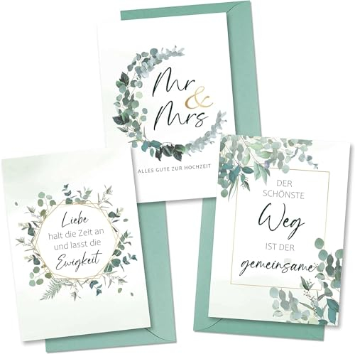 BIROYAL Hochzeitskarte 3er Set | Glückwunschkarten mit Umschlag zur Hochzeit | Liebevolle Hochzeitsgrußkarten