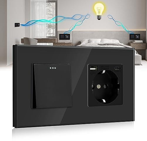 BSEED - Interruptor de pared con conector USB negro – 1 interruptor de 3 vías + enchufe Schuko 16 A, 1 puerto tipo C y 1 puerto USB – 10 A pulsador