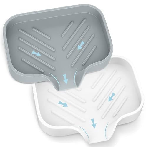 H&W 2Pcs Silikon Seifenschale,Seifenhalter für Küchenspüle,Premium Seifenablage,Seifenschale mit Ablauf für Badezimmer,Küchentheke,Seife Trocken Halten(Weiß+Grau)
