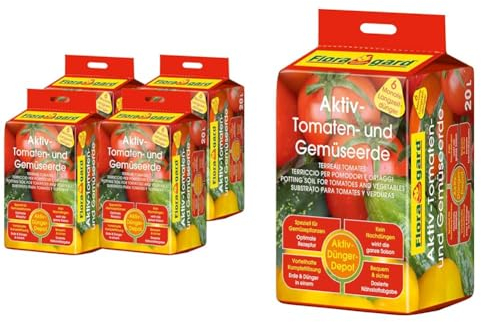 Floragard 4 x Aktiv-Tomaten-und Gemüseerde 20 Liter Blumenerde, erdfarben, 80 Liter & Aktiv-Tomaten-und Gemüseerde 20 Liter Blumenerde, erdfarben