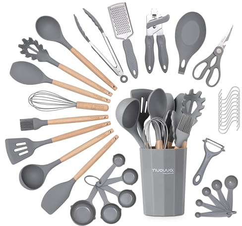 Ustensiles de cuisine antiadhésifs - Ustensiles en silicone résistants à la chaleur avec manche en bois - Set de louches, cuillères et spatules - Outils et accessoires de cuisine - 35pcs, Gris