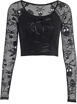 XKBHYD Women Goth Crop Tops - Crewneck Long Sleeve Skull Shirt - Grunge Punk Alt Emo Tops