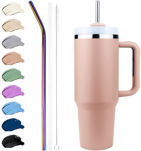 Disoza Drickkopp med lock och sugrör, 40 oz rosa termosmugg, 1,2 l kaffemugg To Go, kaffekopp tumbler cup, vattenflaska med handtag