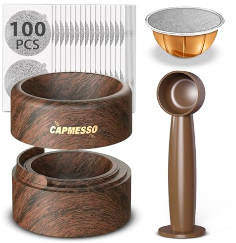 CAPMESSO Reusable Vertuo Pod Refill Kit for Nespresso with Easy Refilling | Good Seal Reuse Original Vertuo Pods Use Your Own Coffee Money Save with 100 Aluminum Foil Lids Holder and Fill & Press Scoop