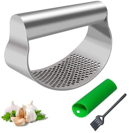 1 PCS Garlic Press Stainless Steel Garlic Crusher Presser Kitchen Garlic Rocker Food Grade Ginger Mincer Twister Squeezer Smasher with 1 PCS Silicone Garlic Peeler Tube Roller 1 PCS Cleaning Brush