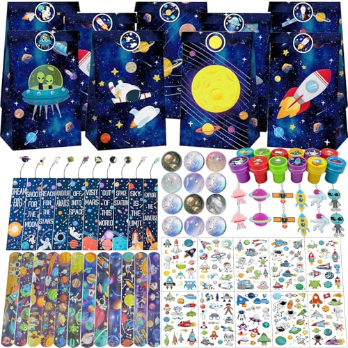 NlsqEU Weltraum Mitgebsel, Weltraum Kindergeburtstag, Astronauten Geburtstag, Geschenktüten, Lesezeichen,Halsketten, Schnapparmband, Aufkleber, Schlüsselanhänger, Spielzeug Stempel, Flummis