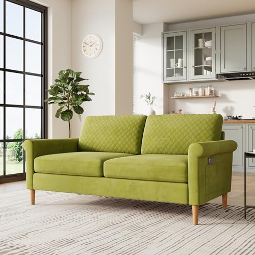 Vesgantti 2 Sitzer Sofa Grün, Stoff Doppelsofa 164 cm mit beidseitigen Taschen, Sofa mit Kissen Montage ohne Werkzeug für Wohnzimmer, Schlafzimmer, Büro 164L*76D*85H cm