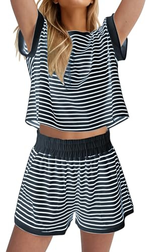 Famulily Women's Striped Pyjamas Set Summer Soft Loungewear Tops and Shorts Co ord Sets with Pockets