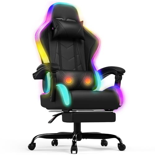 Devoko Sedia da Gaming con Massaggiante Schienale Regolabile 90-135°, Sedia Gaming con LED e Poggiapiedi Telescopico,Poltrona Ergonomica Portata 150 kg (Nero)