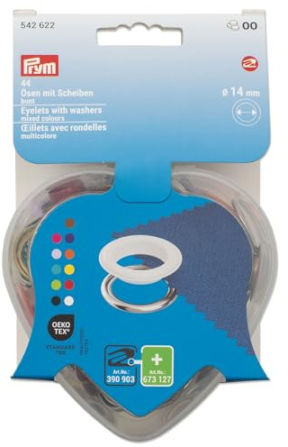 Prym 542622 öljetter med skivor, färgglada, i hjärtlåda, 14 mm, kompatibel med Vario Creative Tool