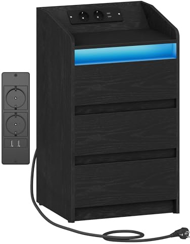 Hzuaneri Sängbord med 3 lådor, sidobord med laddningsstation och LED, 2 AC-uttag 2 USB-portar för sovrum, vardagsrum, Svart NS40004X