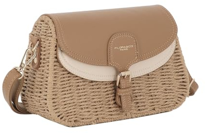 flora & co Sac Bandoulière Femme en Paille – Sac d’Été à Rabat Similicuir – Besace Chic pour Plage Vacances Estivals – Style Bohème Élégant - Camel