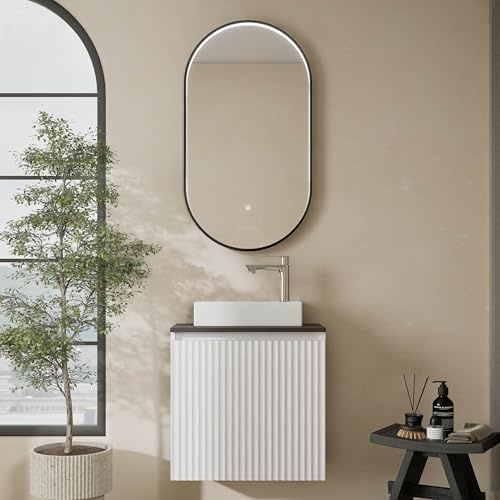 Planetmöbel Conjunto de Muebles de baño Lavabo con Mueble bajo 56 x 55 x 30 cm Blanco y Roble Dorado, Espejo de baño con iluminación, 50 x 90 cm, Espejo con Marco, Ovalado, 3 Niveles de iluminación