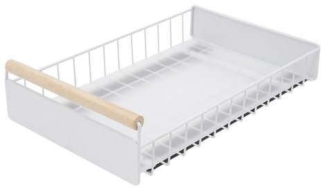 Organizador de platos con cajón, escurreplatos extensible, organizador de armario de cocina, sin taladrar con mango de madera, para guardar cubiertos, platos, herramientas, 24 x 38 x 9 cm, color