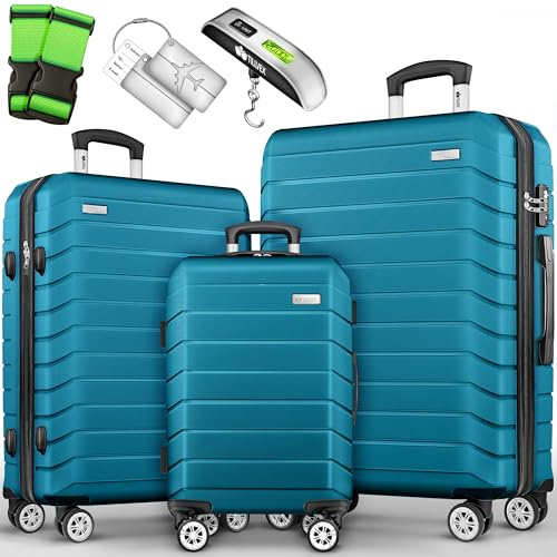 tillvex® Reisekoffer Set 3-TLG. + Gepäckwaage, 6X Koffergurte & 3X Kofferanhänger | Kofferset 4 Rollen | Trolley Gepäck Koffer TSA Schloss | Rollkoffer Hartschalenkofferset S-M-L-XL (Türkis)