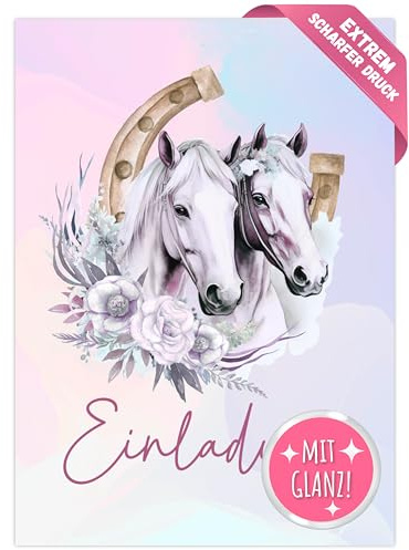 ZETTMANN Pferde Einladungskarten Kindergeburtstag Mädchen – 10er Set in A6 Format – Glanz Regenbogen Pastell Rosa – Pferd & Fohlen Party Deko mit Hufeisen