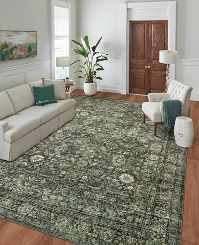 AUWUUA Vintage-Teppich fürs Wohnzimmer, grün, 130 x 180 cm, orientalischer Retro-Boho-Teppich für Schlafzimmer, Küche, großer, abgenutzter, Rutschfester Teppiche für Esszimmer und Büro