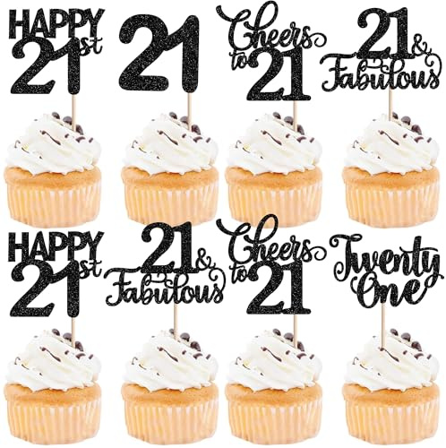 SYKYCTCY 30 Pack Happy 21st Birthday Cupcake Toppers Glitter Twenty-one Cheers to 21 Cupcake Picks 21 Fabulous Cupcake Decorations for Birthday Anniversary Party Supplies