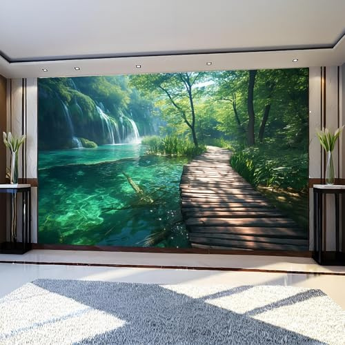 Papel Pintado Fotográfico Lago cascada puente de madera 450 x 315 cm Verde Fotomural Panorámico Moderno para Decoración de Pared