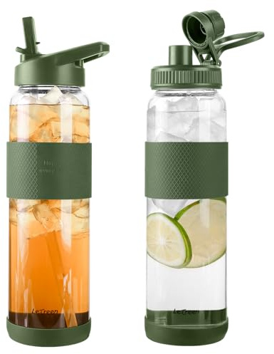 LETREEN Glasflasche 1 liter / 1l mit Strohhalm und Griff, 1 Stück | Wasserflasche Glas 1000ml mit 2 Deckeln, Silikonschutz, Spülmaschinenfeste, Trinkflasche Water Bottle für kohlensäurehaltige