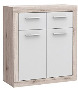 Forte BACCIO Kommode 80 90, Kommode mit 2 Türen und 2 Schubladen, Modernes Sideboard, Wohnzimmer, Schlafzimmer, Holzwerkstoff, Sandeiche Holzdekor / Weiß, 83,2 cm breit x 34 cm hoch x 91,5 cm tief