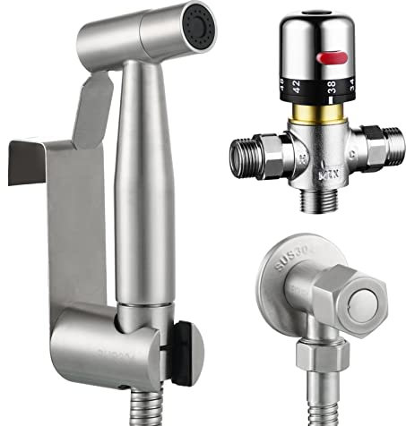 Tecmolog Acciaio Inossidabile Set Doccetta per Bidet Doccetta Bidet Kit Portatile Bidet Spray con Miscelatore Termostatico Caldo e Freddo, WS024F1A