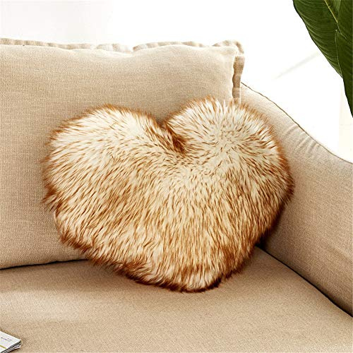 GLITZFAS Herzkissen Faux Lammfell Schaffell Kissen Dekokissen Zierkissen für Sofa Bett (Weiß+Braun)