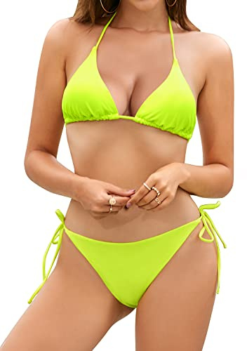 SHEKINI Damen Bikini Set Verstellbar Neckholder Triangel Bikinioberteil mit Low Waist Schnürung Tanga Bikinihose Zweiteiliger Badeanzug（S，gelb）