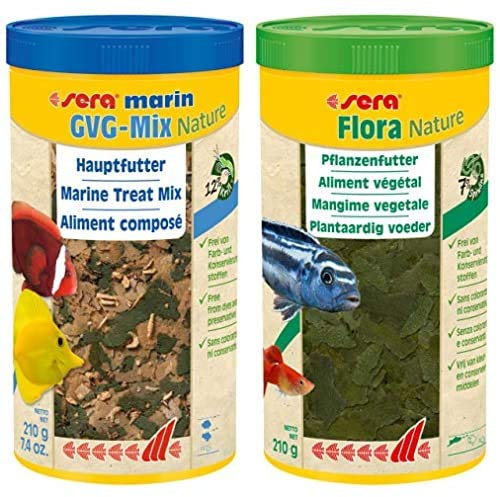 sera Bundle Meerwasser Futter Set bestehend aus marin GVG-Mix 1 Ltr. (mit 3,6% Krill, Seealgen & Haematococcus-Algen) und Flora 1 Ltr. (mit 7% Spirulina) für z.B. Doktorfische