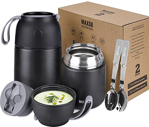 MAXSO 2 Pack Soup Thermo for Hot & Cold Food for Kids Adults, Vacuum Insulated Food Jar Thermal Lunch Containers, Travel Food Flask with Spoon (24 oz,17 oz) (Black)