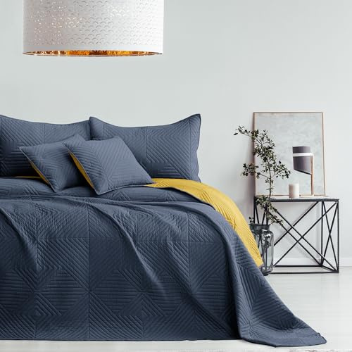 RESTILO Tagesdecke anthrazit honiggelb 260x280 Bettüberwürf Softa | zweiseitig Ultrasonic Steppung Polyester