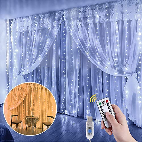 Anpro Fairy LED Curtain Light-3x3M 300LED Warm White +Cool White Window String Light with 4 Light Modes Remote Control,USB Power Supply, for Wedding Party Christmas Home Garden Bedroom Decoration