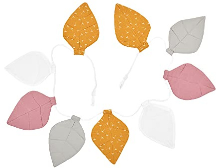 KraftKids Blätter Stoff-Wimpelkette Musselin mustard grau rosa, handgemachte Wimpel-Girlande aus Baumwolle