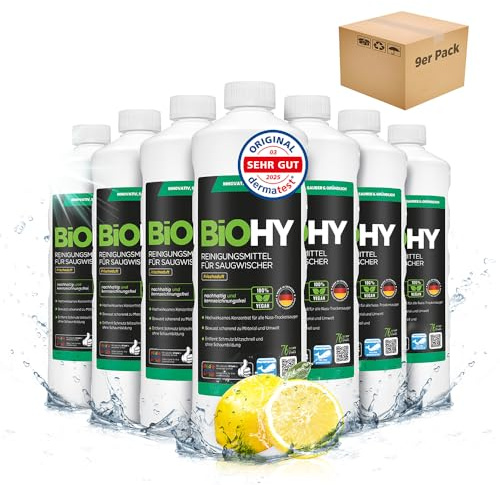BiOHY Rengöringsmedel för sugmopp med fräsch doft (9 x 1 liter) | 1:200 koncentrat för alla våt- och torrdammsugare | perfekt för kakel, PVC, parkett, laminat och matta | randfri glans
