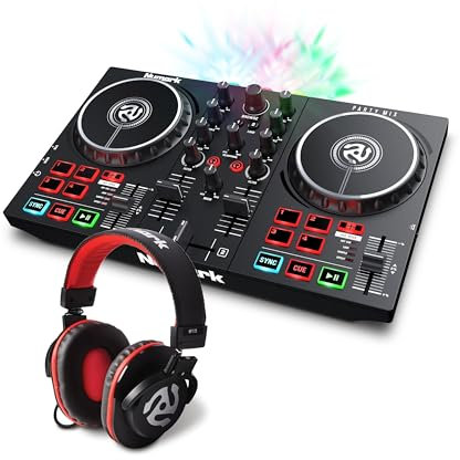 Numark Party Paket - Party Mix II DJ Controller Pult mit 2 Decks, eingebauten DJ-Lichtern & DJ-Mixer und HF175 Kopfhörer im geschlossenem Design, 40mm Treiber, hochqualitativen Ohrmuscheln