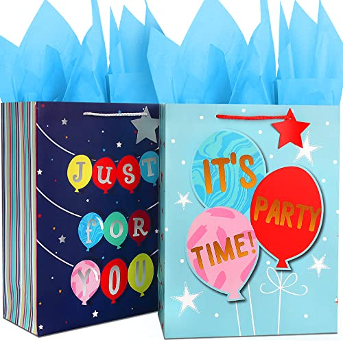 Sacchetti Regalo Compleanno Grandi, Buste Regalo per Ragazzi e Uomini, Bustine Regalo Blu e Carta Velina, Busta Regalo con Manico