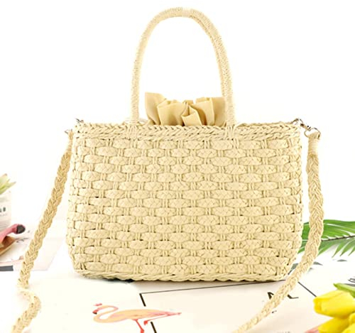 yyzlvffm Strandtasche Mode Damen Vielseitige Stroh Fransen Tasche Handgemachte Kordelzug Strandtasche Bast Rattan Handtasche Urlaub Einkaufstasche 30X20X12Cm Beige