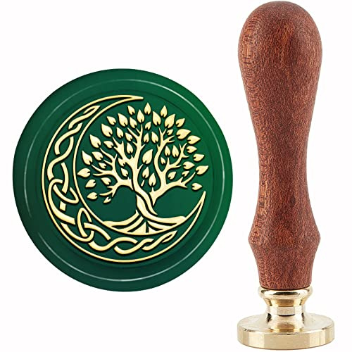 craspire Baum des Lebens Wachs-Siegelstempel Mond-Siegelstempel 30 mm/1.18 Zoll Abnehmbarer Messingkopf-Siegelstempel Mit Holzgriff Für Weihnachtseinladungen Karten Geschenkverpackung