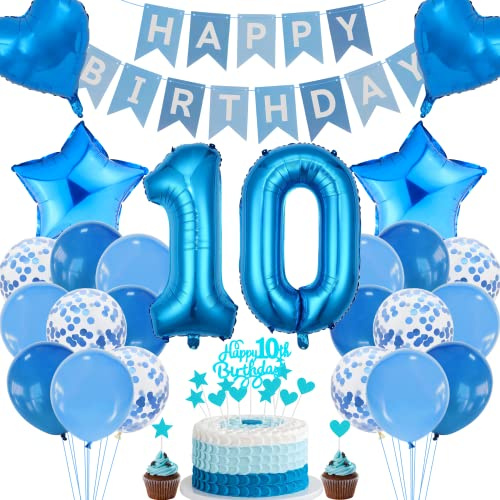 Décorations d'anniversaire 10 ans, décoration de gâteau bleu, décorations de fête bleues, 10e anniversaire fille et garçon, décoration de gâteau 10 ans