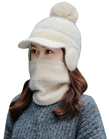 Unbekannt Pompon Strickmütze Mütze Damen Mütze Mit Kunstpelz Bommel Damen Mütze Gefüttert Fell-Bommel Kunstfell Wintermütze Bommelmütze Grobstrick Damen Winter Warm Beanie Mütze Strickmütze