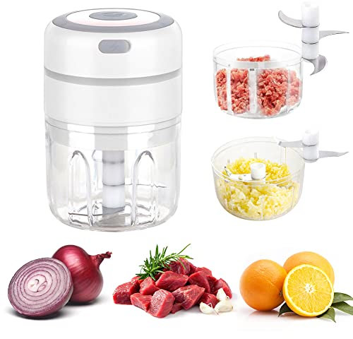 Elektrisch Knoblauchhacker Zwiebel Mini Zerkleinerer, Multizerkleinerer Chopper Knoblauchpresse 250ML & 100ML Auch für Fleisch Garlic Obst (Weiß)