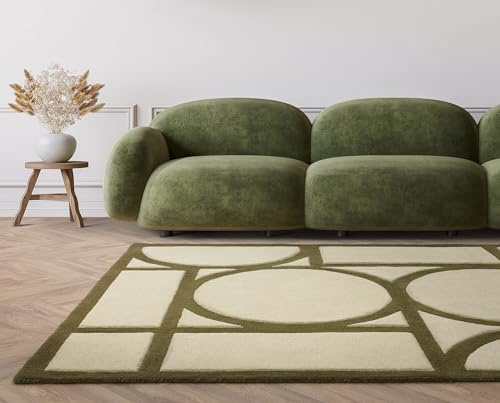 Lord of Rugs Metro Wool Rug for Living Room Lounge Bedroom Hand Tufted Modern Retro Khaki Green Rug Large 160x230 cm (5'3x7'7)