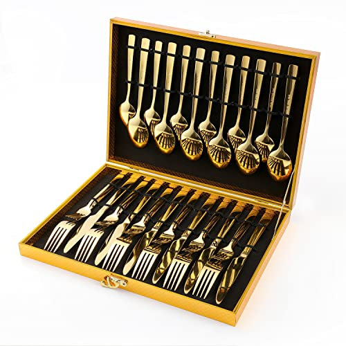 Besteck Set für 6 Personen, OGORI 30 teilig Besteck Edelstahl Gold, mattgoldenes Besteckset mit Messer, Gabel, Löffel,Besteck Edelstahl Spiegelpoliert（Griff quadratisch）