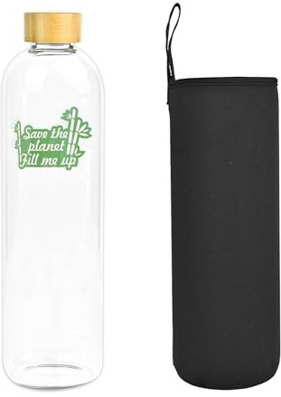 Bioidea Botella de Agua Cristal 1,5 L 1500 ML con Tapa de Bambú Vidrio Borosilicato con Funda Neopreno Negra Ecológica Save the planet fill me up Reciclable Reutilizable Libre de Tóxicos sin BPA